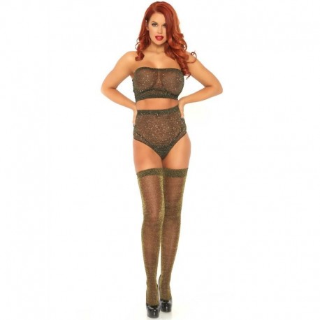 LEG AVENUE SET DOS PIEZAS TOP Y PANTY DE LUREX BRILLANTE DORADO TALLA UNICA