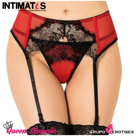 Tanga rojo y negro con liguero de encaje · Queen Lingerie