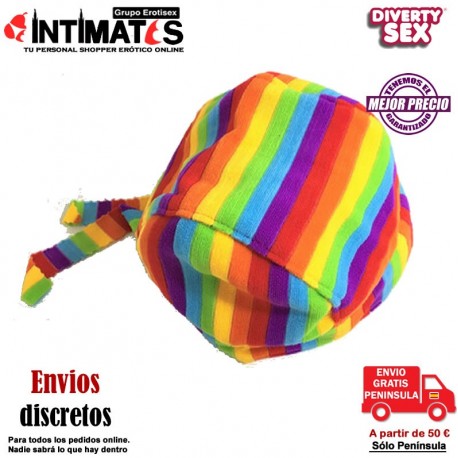 Bandana bandera LGBT · Cinta con bolita y los colores emblemáticos de la bandera · Diverty Sex