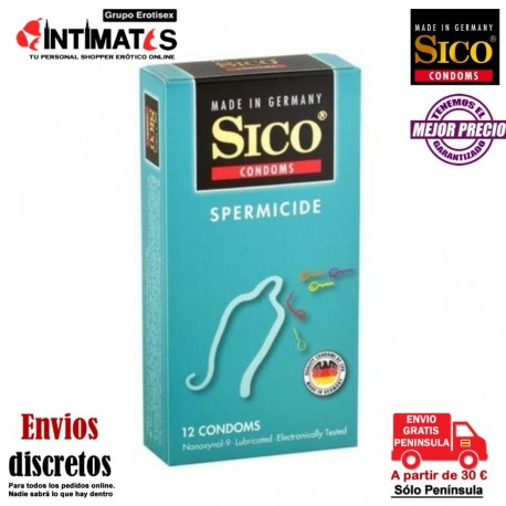 Spermicide 12u · Condón transparente con recubrimiento antiespermático · Sico