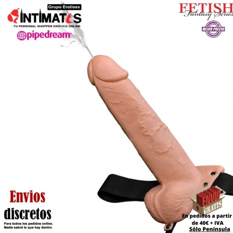 9" Squirting Hollow Strap-On · Arnés con pene eyaculador · Fetish Fantasy Series