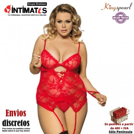 Midnight Affair · Corsé rojo con tanga y esposas · Queen Plus Size