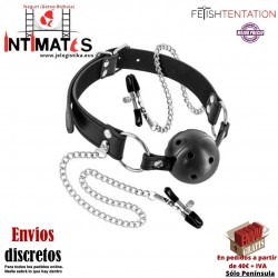 Bola de mordaza rígida negra con pinzas para pezones · Fetish Tentation