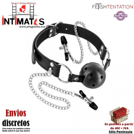 Bola de mordaza rígida negra con pinzas para pezones · Fetish Tentation