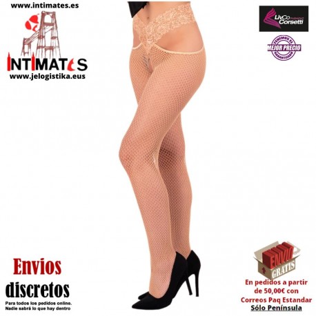Gina · Medias de rejilla beige con entrepierna abierta y cinturón decorativo · Livco Corsertti