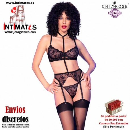 CR-4852 · Conjunto de encaje negro con bordado floral · Chilirose