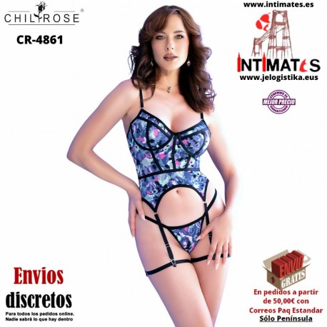 CR-4861 · Corsé azul, tanga y medias · Chilirose