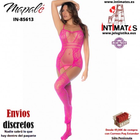No. 1105 · Body de red rosa con ligas adjuntas y medias hasta el muslo · Mapalé