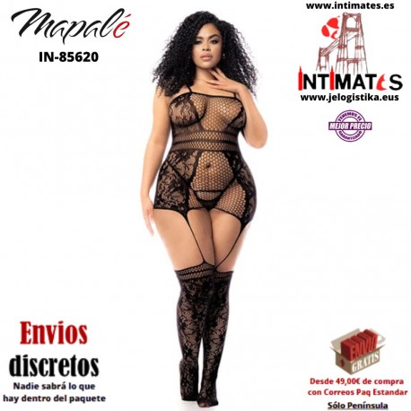 No. 1105X · Body de red negro con ligas adjuntas y medias hasta el muslo · Mapalé