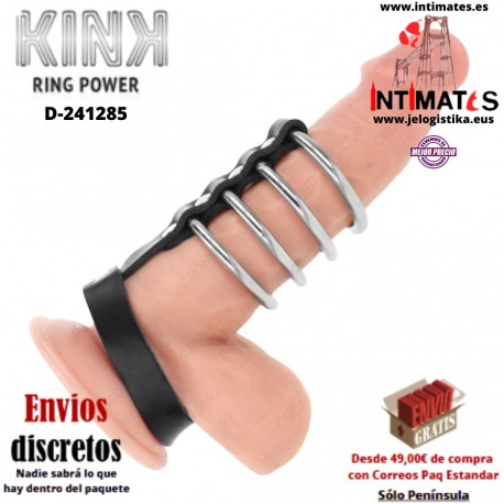 Anillos de metal para el pene conectados por correa de cuero · Kink