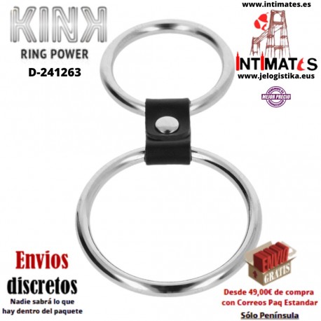Anillos de metal para el pene conectados por correa de polipiel · Kink
