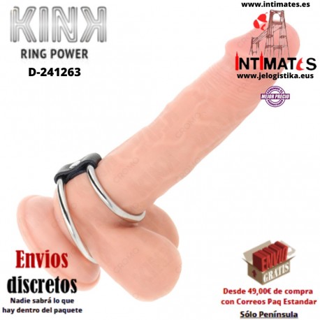 Anillos de metal para el pene conectados por correa de polipiel · Kink