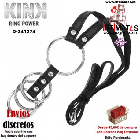 Anillos de metal para el pene conectados por correa de polipiel · Kink