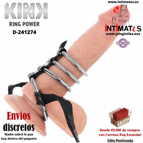 Anillos de metal para el pene conectados por correa de polipiel · Kink