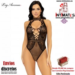 Net and lace keyhole halter bodysuit · Body con escote de ojo de cerradura y encajes · Leg Avenue