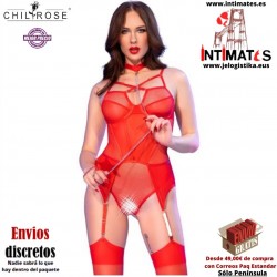 CR-4879 · Body crotchless de malla elástica roja · Chilirose