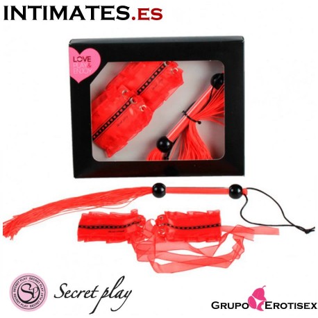 Látigo Negro + Esposas Rojo Satén ·Set 2 Pzs · Secret Play